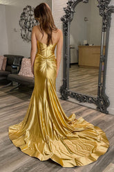 Golden Sweetheart Metallic Mermaid Long Corset Prom Dress with Split Front
